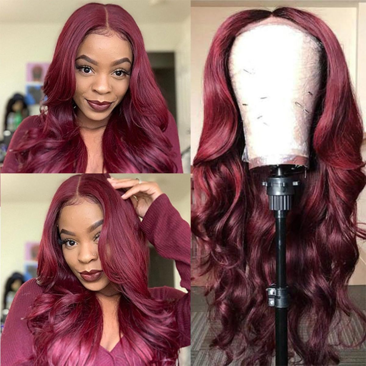 ⁦Long Wavy Wig, Wine Red Burgundy, 68 cm Length, Middle Part Lace Front, Heat Resistant Synthetic Hair⁩ - الصورة ⁦3⁩