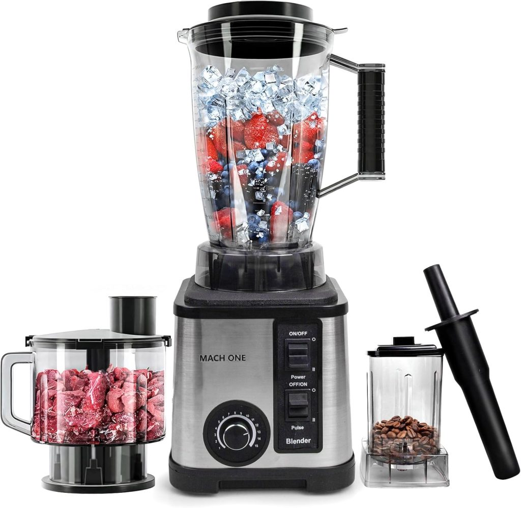 Ponicozy 3 in 1 Full Size Blender - 9500W Electric High Speed 15 Speed Countertop Smoothie Maker With 3L Bowl, 1.5L Chopper, 0.5L Grinder for Smoothie, Milkshake, Puree
