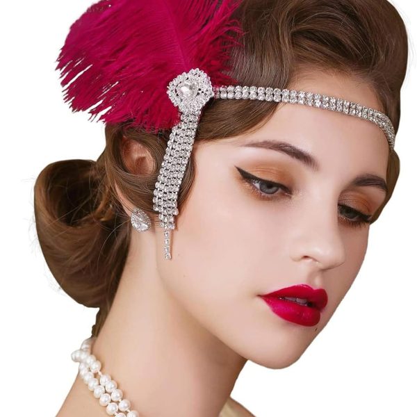 KASTWAVE 1920s Flapper Headband Inspired by Great Gatsby with Feather and Rhinestone Details for Women Party Accessories in Ivory and Red