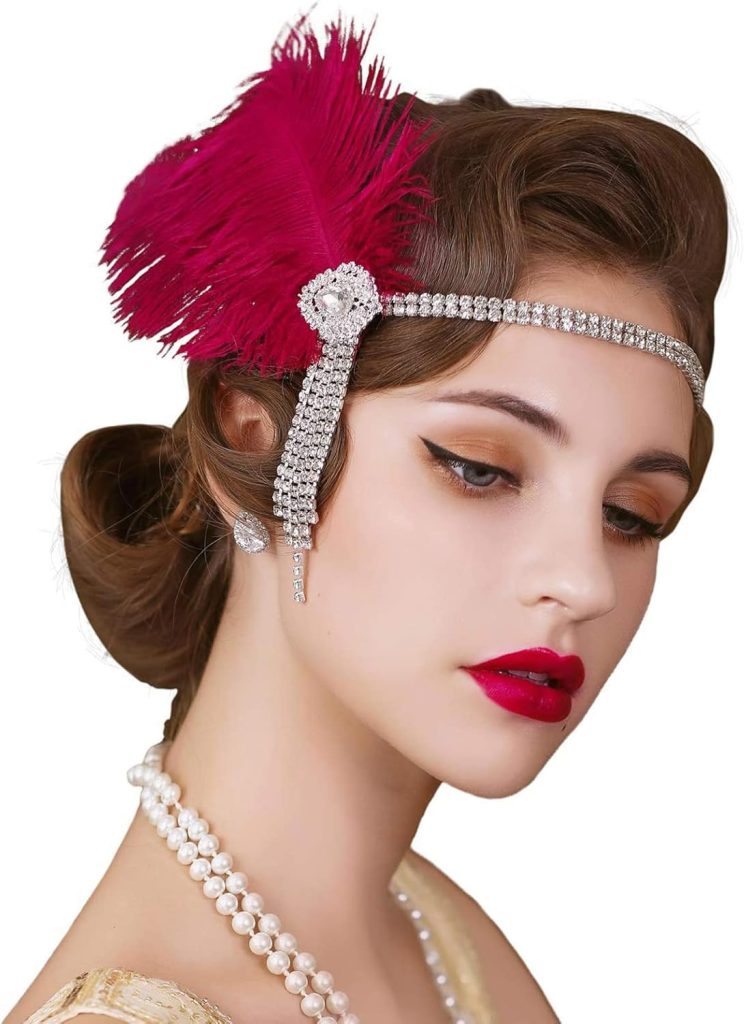 KASTWAVE 1920s Flapper Headband Inspired by Great Gatsby with Feather and Rhinestone Details for Women Party Accessories in Ivory and Red