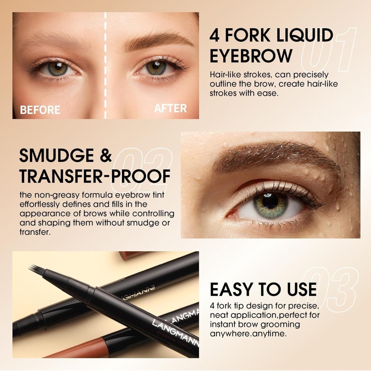 ⁦Excefore Brown Eyebrow Pen, 2 Pcs Brown Eyebrow Pencil With 4 Micro-Fork Tipm,Natural Stereoscopic Long-Lasting, Waterproof, Non-Fadin, Creates Natural Looking Brows Effortlessly, for All Brow Shapes⁩ - الصورة ⁦4⁩