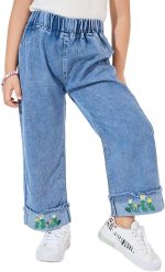 STYLI Girls Flower Applique Trim Wide Leg Jeans