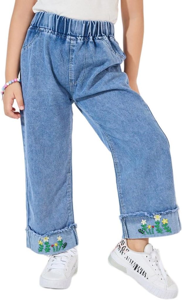 STYLI Girls Flower Applique Trim Wide Leg Jeans