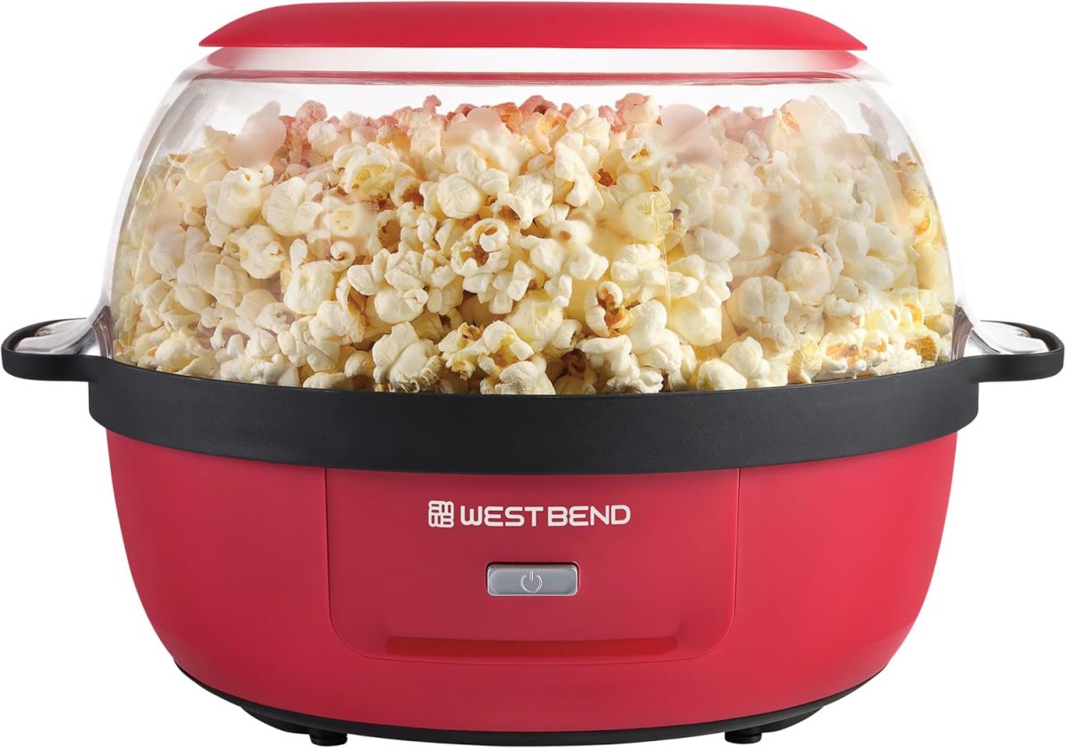 West Bend Stir Crazy Hot Oil Popper, Popcorn Maker with Large Serving Lid and Stirring Rod, 6 Quart, Red