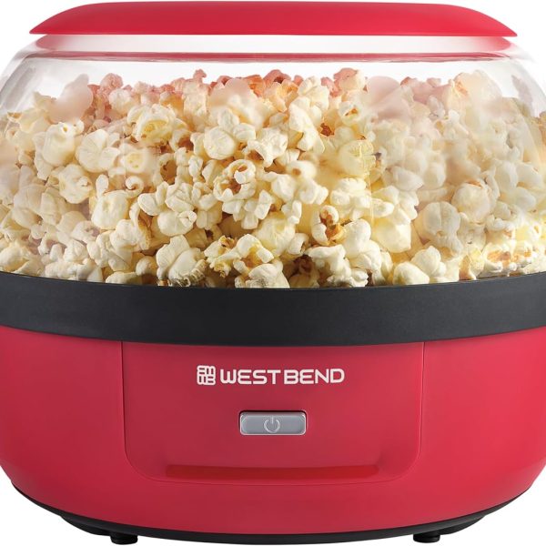 West Bend Stir Crazy Hot Oil Popper, Popcorn Maker with Large Serving Lid and Stirring Rod, 6 Quart, Red