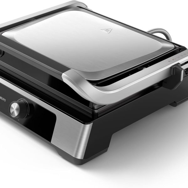Philips Contact Grill 5000 Series - 2200W, Open 180° Flat Grilling, Adjustable Height, Removable Plates, High Power, Handle Lock, Silver/Black - HD6301/90