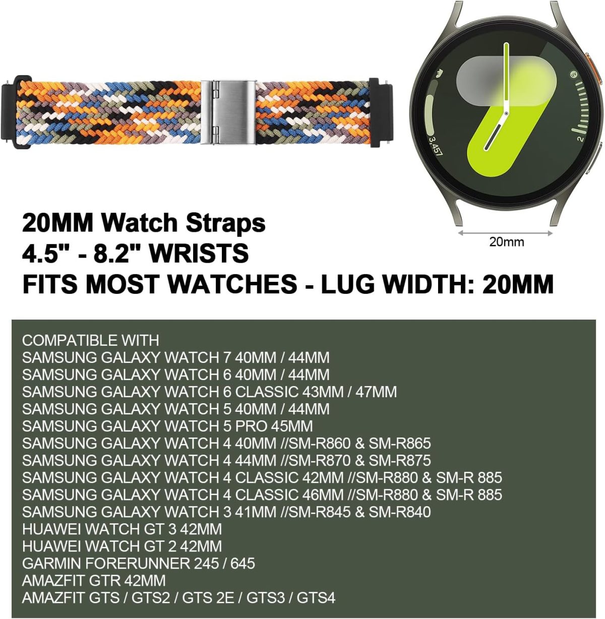 ⁦XMUXI 20mm Braided Watch Straps Compatible with Samsung Galaxy Watch 7 Galaxy watch 6 Classic Strap/Galaxy Watch 5/Watch 4 Nylon Solo Loop Replacement Watch Band for Amazfit GTS 4,Venu Sq⁩ - الصورة ⁦4⁩