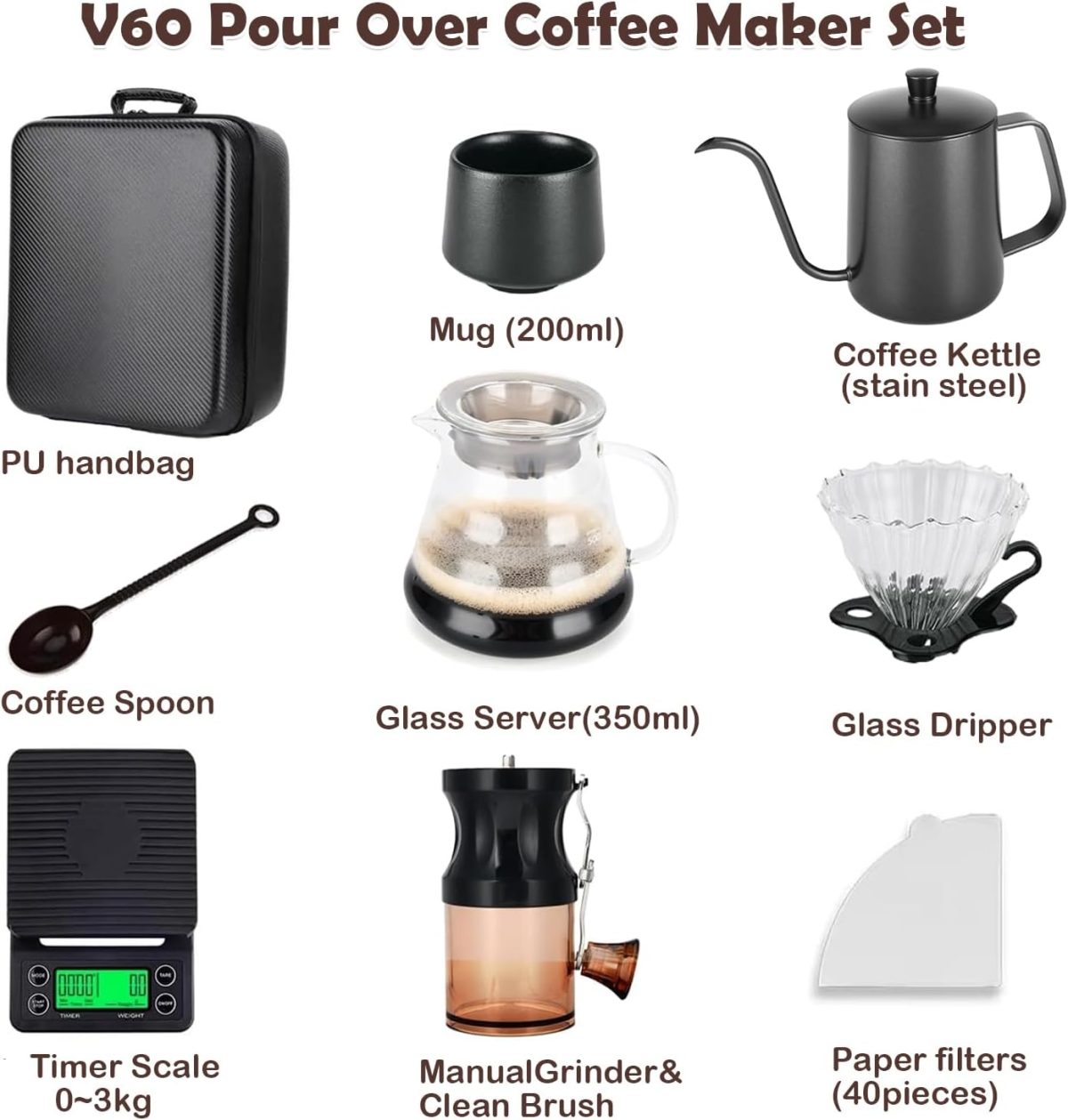 ⁦Winsoyya Coffee Maker Set, V60 Pour Over Drip Coffee Set, Outdoor Coffee Makers, Glass Pour Over Coffee maker, Manual Coffee Grinder Set-All in 1 Gift Bag, Travel Portable Pour Over Coffee Kit⁩ - الصورة ⁦4⁩
