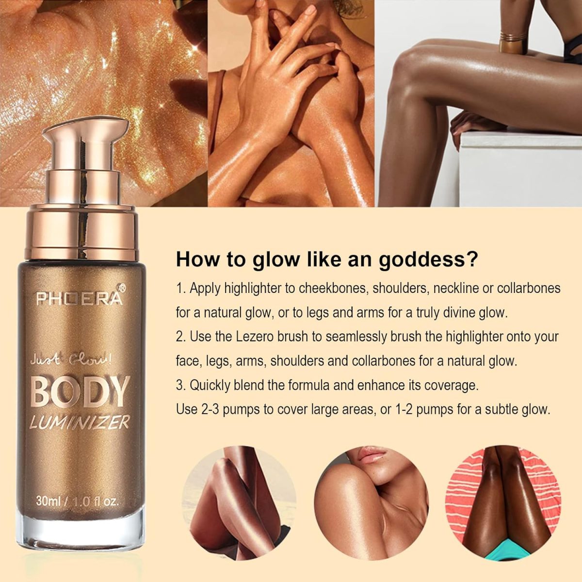⁦Lezero Body Shimmer Oil, Waterproof Long Lasting Moisturizing Body Luminizer Glow For Face, Liquid Illuminator Highlighter 1oz/Jars, Makeup Brush Include (Glistening Bronze #03)⁩ - الصورة ⁦4⁩