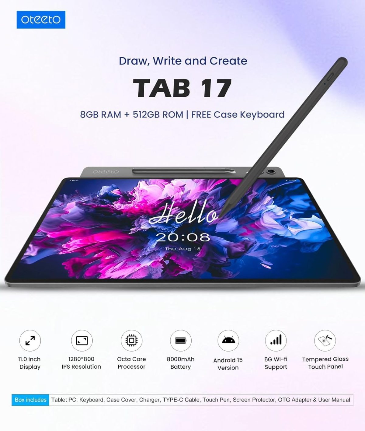 ⁦Oteeto TAB 17 Android Tablet, 11-inch Display, 8GB RAM, 512GB Storage, 8000mAh Battery, 5G Wi-Fi, with Keyboard Case & Stylus, Grey⁩ - الصورة ⁦3⁩