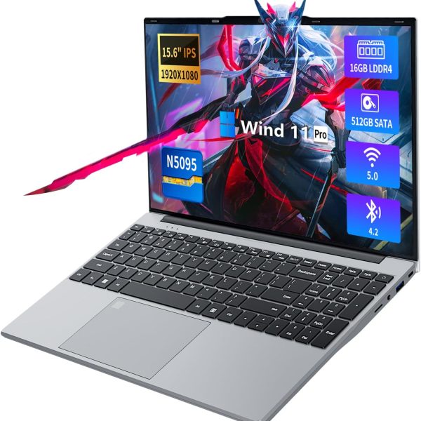 15.6 Inch Laptop, Laptops 16GB 512GB SSD, Laptop Computer N5095, Gaming Laptop, Traditional Laptop Computers 180 Angle Opening, Lap top Fingerprint Unlock Backlit Keyboard, 1920X1080 FHD IPS MINI-HDMI