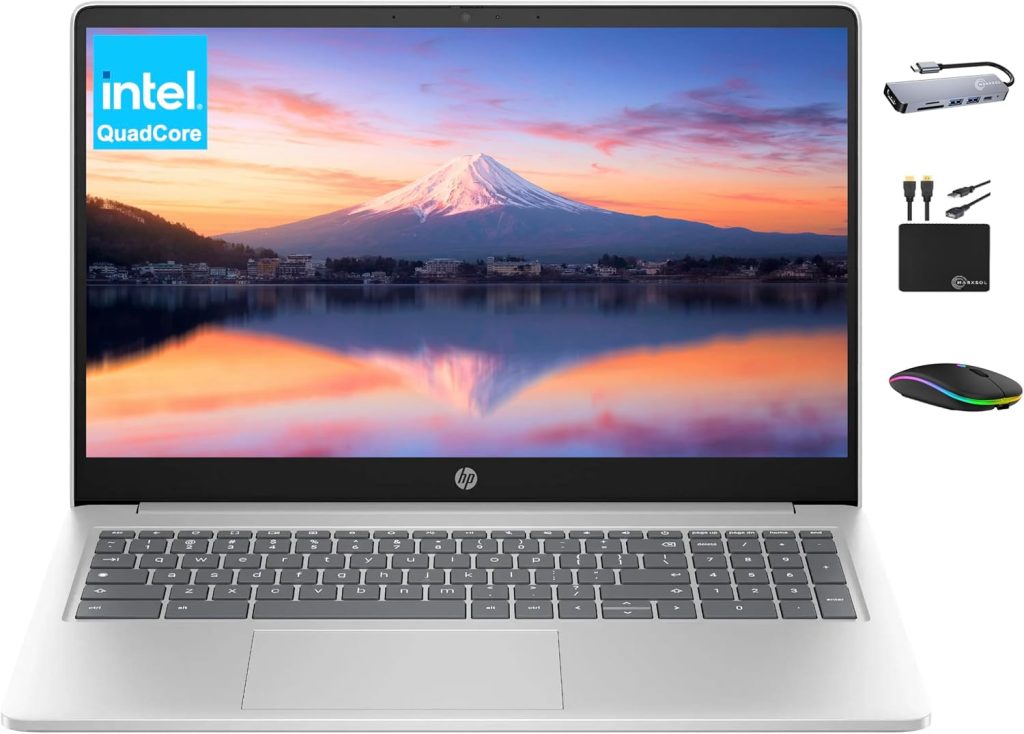 HP Chromebook 2025 Premium Laptop Student Business, 15.6" HD Display, Quad-Core Intel N200 Processor, 8GB RAM, 564GB Storage (64GB eMMC+ 500GB Ext), UHD Graphics, Wi-Fi, Chrome OS +MarxsolAccessory