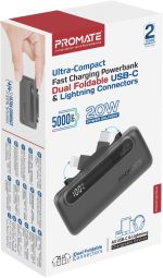 ⁦Promate Mini Power Bank, 5000mAh with 20W USB-C™ In/Out Foldable Connector, 12W Lightning Foldable Connector, LED Display, PowerUp-Duo (Black)⁩ - الصورة ⁦8⁩