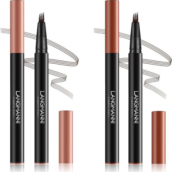 Excefore Brown Eyebrow Pen, 2 Pcs Brown Eyebrow Pencil With 4 Micro-Fork Tipm,Natural Stereoscopic Long-Lasting, Waterproof, Non-Fadin, Creates Natural Looking Brows Effortlessly, for All Brow Shapes