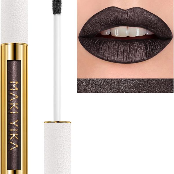 MAKI YIKA Metallic Lipstick for Women Black Lipsticks Long Lasting, High Shine Glitter Lipstick No Smudge No Transfer Full-Coverage Liquid Lip Gloss (BR14 Midnight)