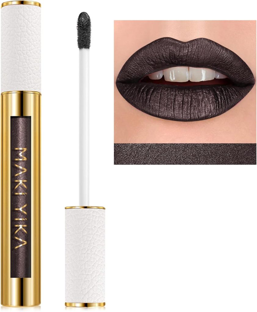 MAKI YIKA Metallic Lipstick for Women Black Lipsticks Long Lasting, High Shine Glitter Lipstick No Smudge No Transfer Full-Coverage Liquid Lip Gloss (BR14 Midnight)