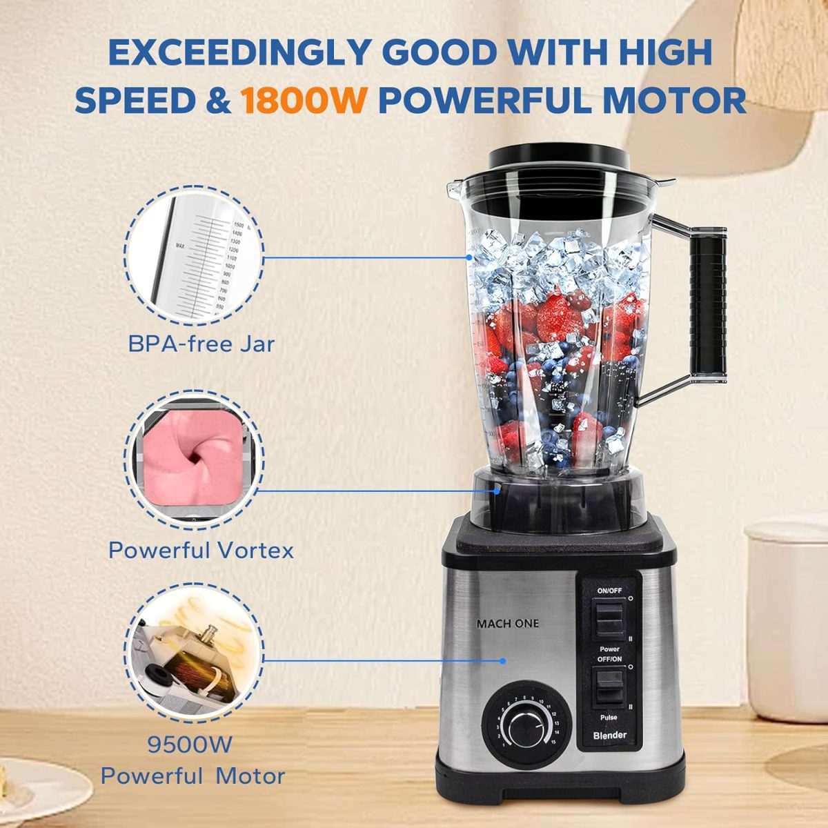 ⁦Ponicozy 3 in 1 Full Size Blender - 9500W Electric High Speed 15 Speed Countertop Smoothie Maker With 3L Bowl, 1.5L Chopper, 0.5L Grinder for Smoothie, Milkshake, Puree⁩ - الصورة ⁦3⁩