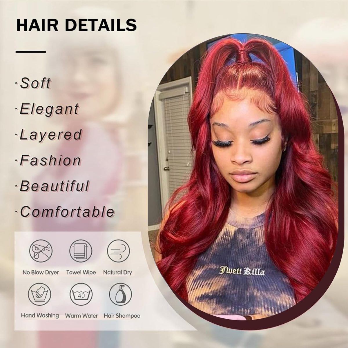 ⁦Long Wavy Wig, Wine Red Burgundy, 68 cm Length, Middle Part Lace Front, Heat Resistant Synthetic Hair⁩ - الصورة ⁦4⁩