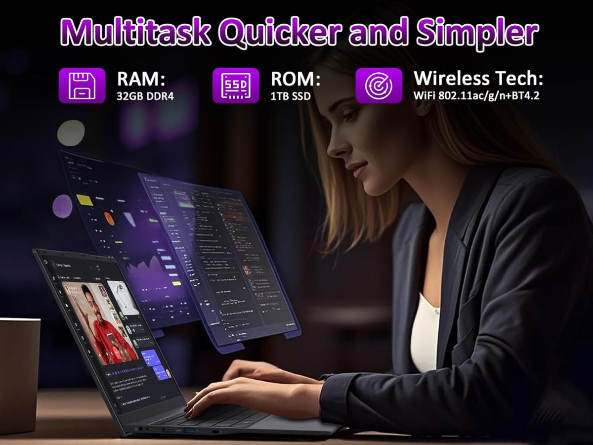 ⁦32GB RAM Laptop Computer with 1TB NVMe SSD, Intel N150 Quad-Core Processor(Up to 3.6GHz), 15.6" FHD IPS Display, 8000mAh Battery, Backlit Keyboard, Privacy Webcam, Fingerprint Unlock, Win11 Pro⁩ - الصورة ⁦3⁩