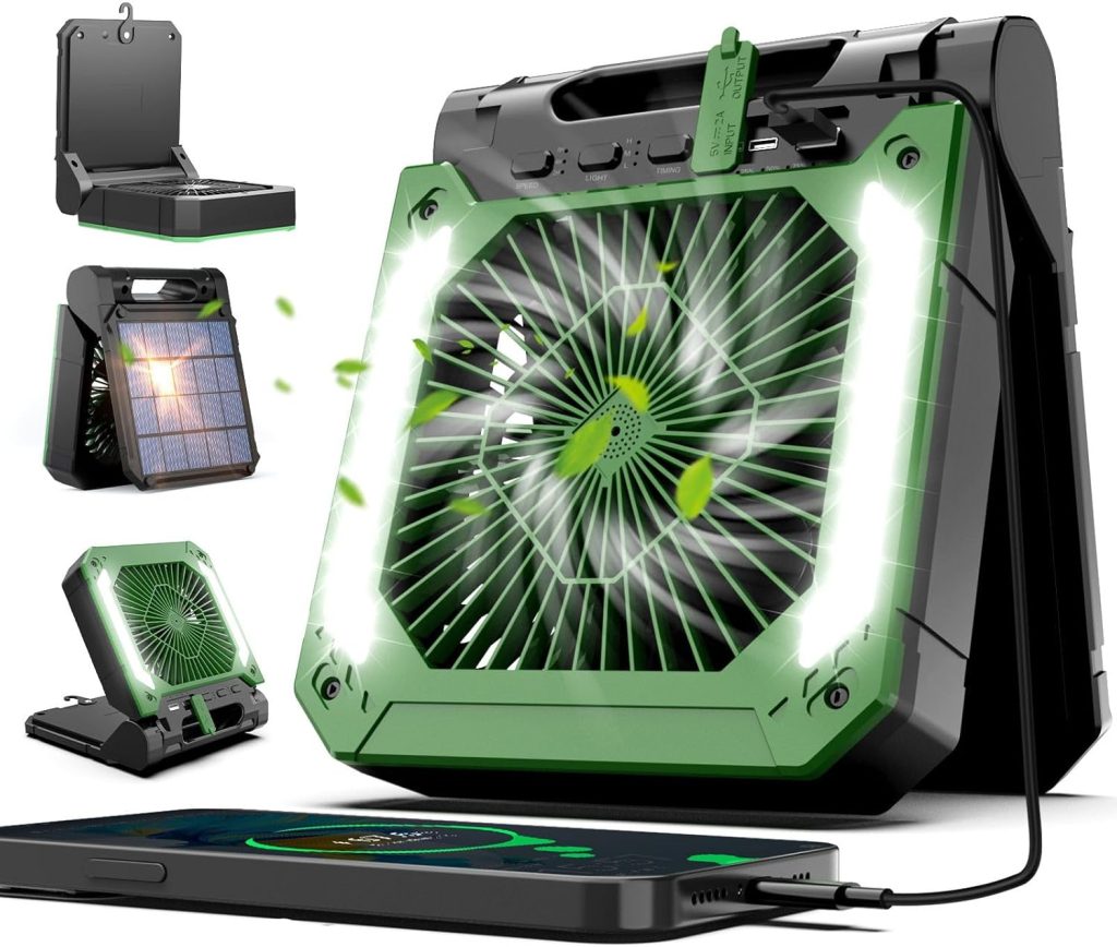 20000 mAh Solar Camping Fan Battery with LED Light 3 Speeds Portable Table Fan 90° Rotation Type C USB Fan Solar Camping Outdoor Solar Fan with Timer for Tent Travel Fishing