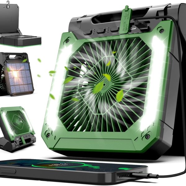 20000 mAh Solar Camping Fan Battery with LED Light 3 Speeds Portable Table Fan 90° Rotation Type C USB Fan Solar Camping Outdoor Solar Fan with Timer for Tent Travel Fishing
