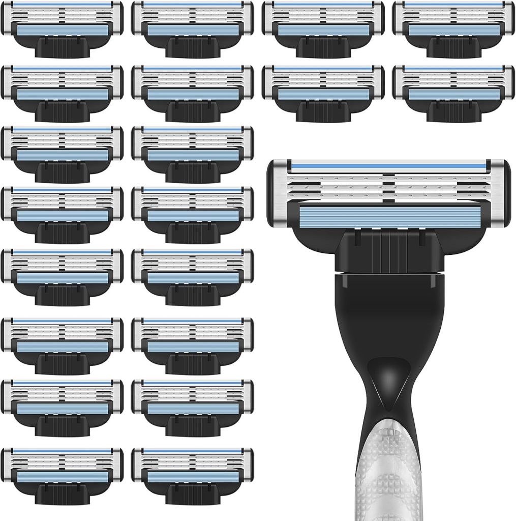 KOWVOWZ Razor Blades Men, 20pcs Razor Blade Refills with Precision Trimmer, 3 Layer Mens Razor Manual Shaver Blade, Professional Barber Beard Razor Blades