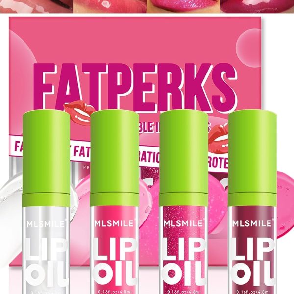 FALADANA Hydrating Lip Glow Oil-4Pcs Tinted Plumping Lip Oil Gloss, Ultra-Hydrating & Nourishing Lip Care Lip Tint, Smooth Glossy Finish Clear Tint Shiny and Vegan Fat Lip Oil (setA)