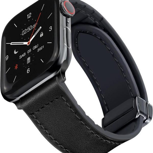 Excefore Magnetic Leather Watch Band for Apple Watch - Compatible with 49mm 45mm 44mm 42mm, Genuine Leather Strap with Magnetic Buckle, Fits for Apple Watch Ultra 9 8 7 Series - Black