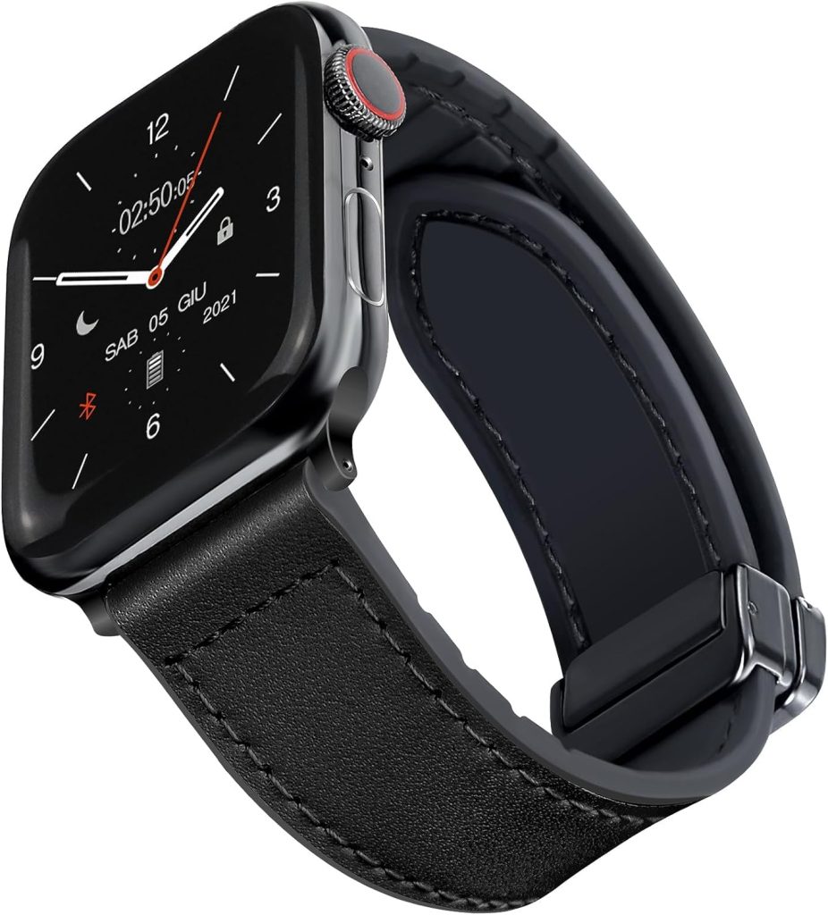 Excefore Magnetic Leather Watch Band for Apple Watch - Compatible with 49mm 45mm 44mm 42mm, Genuine Leather Strap with Magnetic Buckle, Fits for Apple Watch Ultra 9 8 7 Series - Black