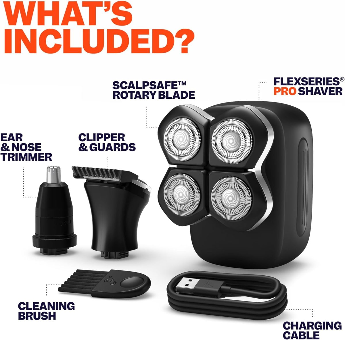 ⁦Freebird FlexSeries Pro Electric Head & Body Shaver - Mens Cordless Rechargeable Wet/Dry Skull Bald Head Back & Groin Waterproof Razor with Rotary Blades, Clippers, Nose Trimmer, Brush, Massager⁩ - الصورة ⁦3⁩