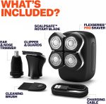 ⁦Freebird FlexSeries Pro Electric Head & Body Shaver - Mens Cordless Rechargeable Wet/Dry Skull Bald Head Back & Groin Waterproof Razor with Rotary Blades, Clippers, Nose Trimmer, Brush, Massager⁩ - الصورة ⁦3⁩