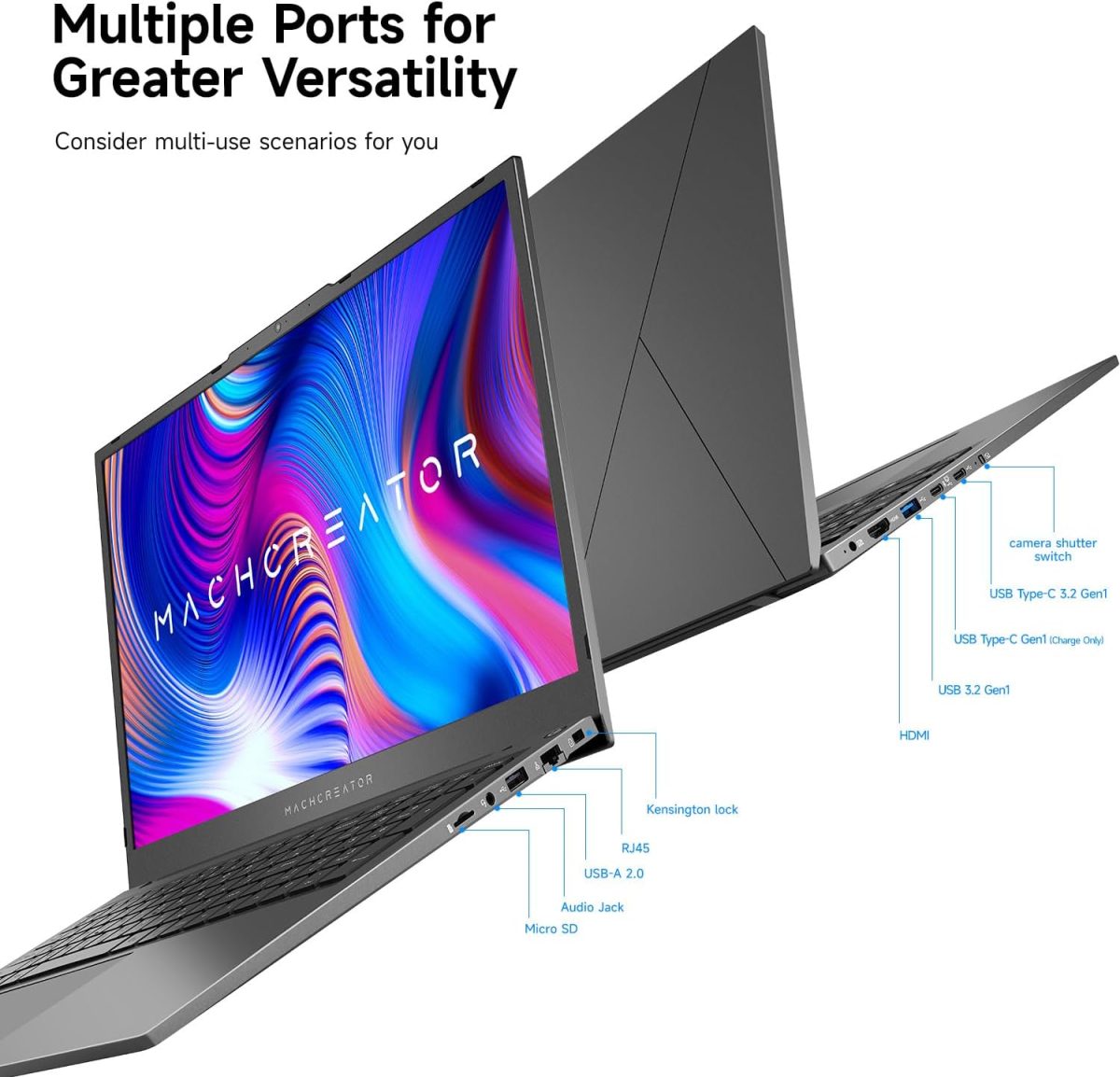 ⁦Machcreator Business Laptop, 17.3" FHD 120Hz, Intel Processor, 16GB DDR5 RAM, 1TB SSD, Backlit Keyboard, Large Touchpad, MicroSD Card Reader, Camera Shutter Switch, Wi-Fi, Win 11 Home, Grey⁩ - الصورة ⁦6⁩