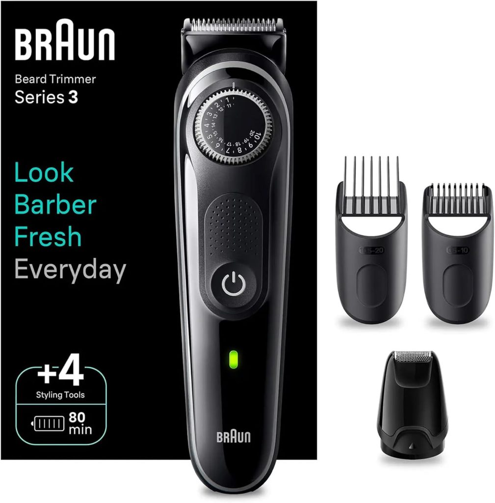 Braun BT3440 Beard Trimmer 3 With Precision Wheel, 4 Styling tools, 80 mins Runtime, Precise Styling at home, 40 length Settings - Black
