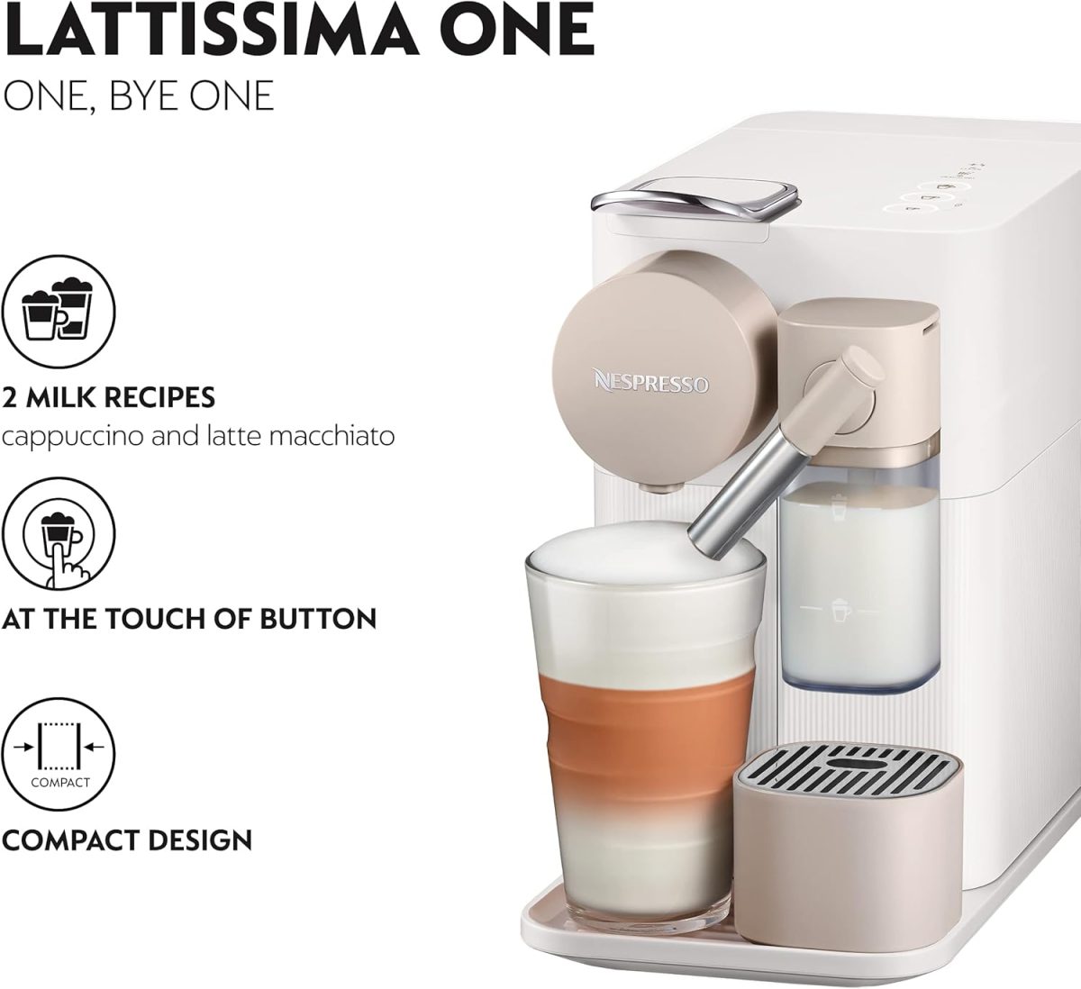 ⁦Nespresso Lattissima One F121 Espresso Capsule Coffee Machine, Automatic Milk System for Cappuccino & Latte, 1 L, 19 Bar Pressure, White⁩ - الصورة ⁦2⁩