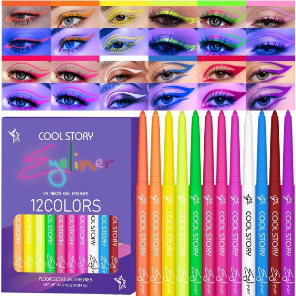 KASTWAVE UV Neon Gel Eyeliner Pencil Makeup Set Kit, 12 Colors Rainbow Halloween Shades Eye Liner, Glow in Dark Colorful Retractable Eyeliner, Waterproof Smudge Proof Long-Lasting Gel Pencil