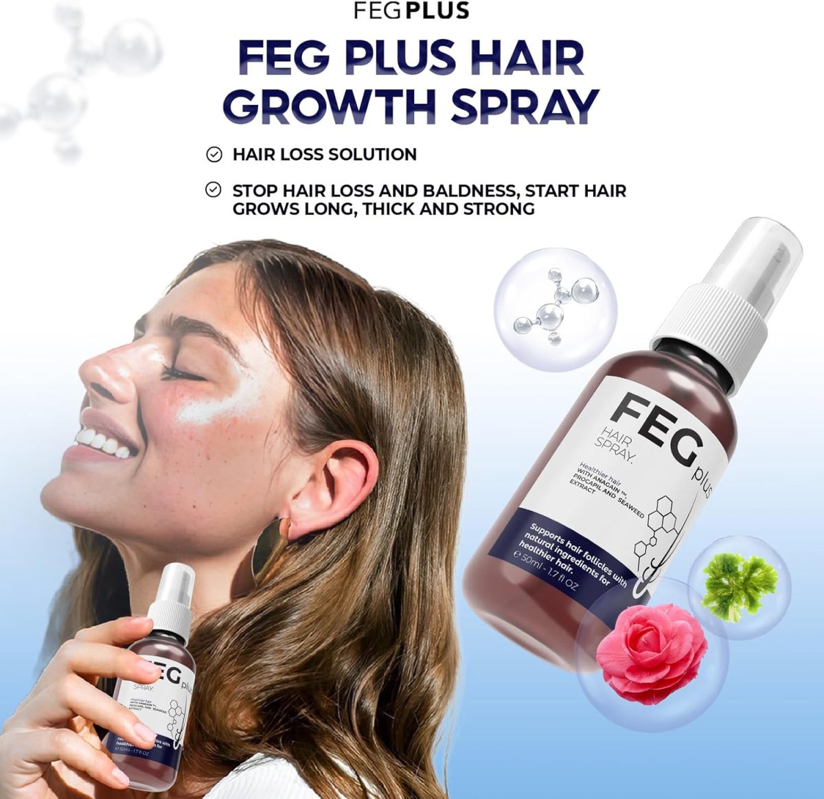 ⁦FEGPLUS Hair & Beard Growth Serum, 22% Seaweed Extract Rosemary, Redensyl, Anagain & Minoxidil 5% for Hair Growth Booster, Thicker, Longer and Stronger Hair Spray 50ml⁩ - الصورة ⁦2⁩