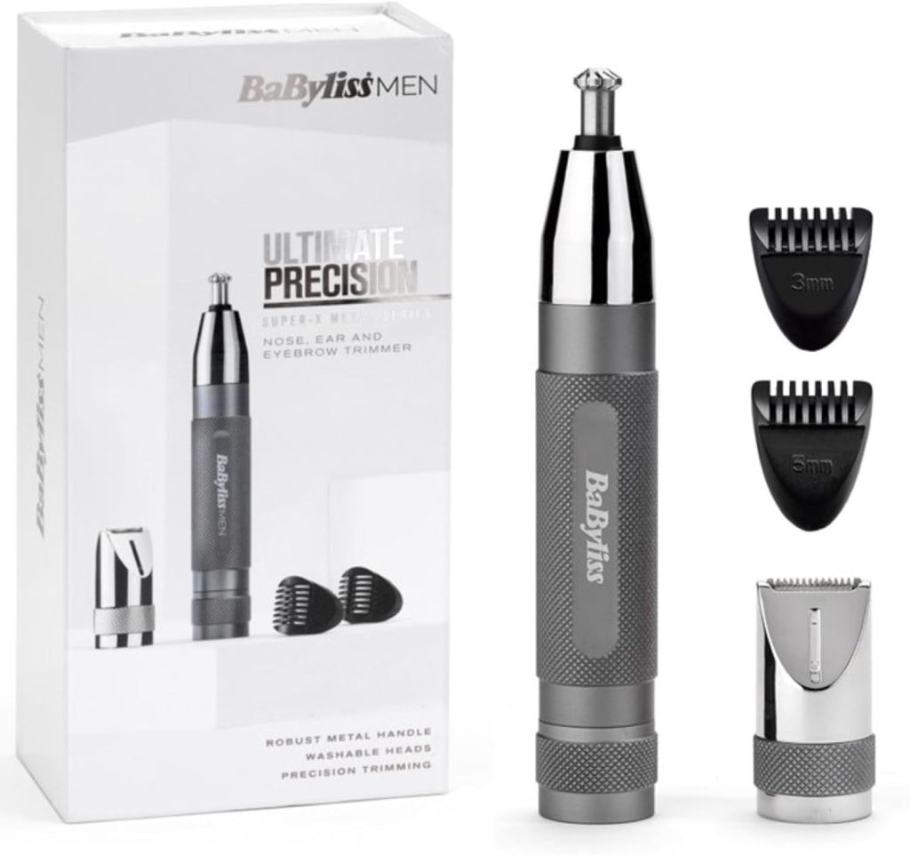 BaByliss Super-X Metal Series Nose Trimmer, Ear Eyebrow Hair Trimmer for Men, Grooming Kit, Gifts for Men (Silver/Grey)