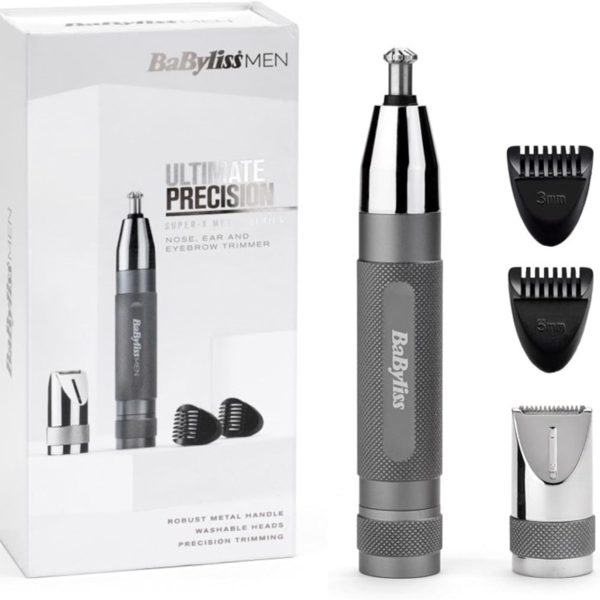 BaByliss Super-X Metal Series Nose Trimmer, Ear Eyebrow Hair Trimmer for Men, Grooming Kit, Gifts for Men (Silver/Grey)