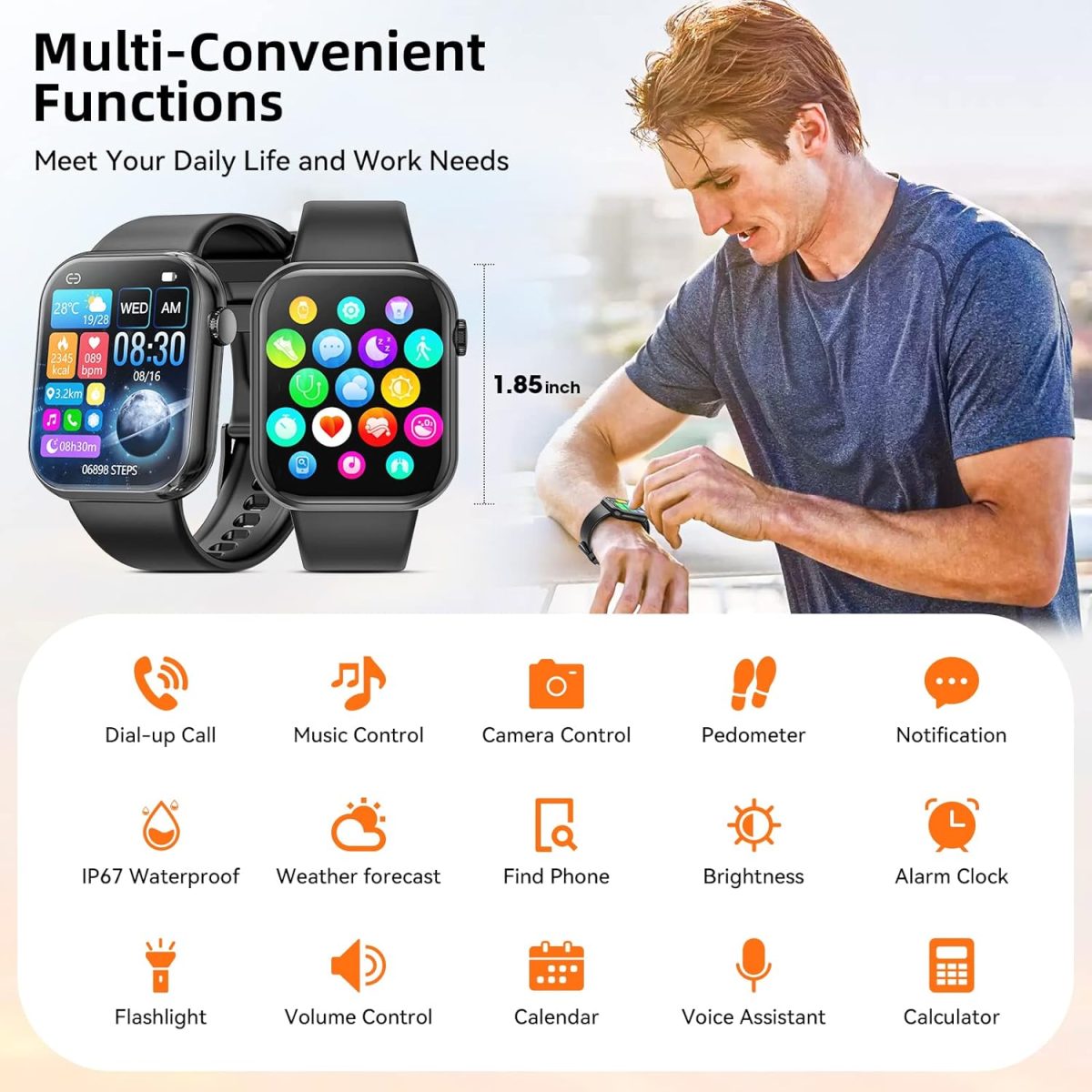 ⁦Hwagol Smart Watch (Answer/Make Call) 1.85inch Fitness Tracker, DIY Dials/Pedometer/Calories/Multiple Sport Modes/Voice Assistant, Smart Watches for Men Women Android iOS Phones⁩ - الصورة ⁦6⁩