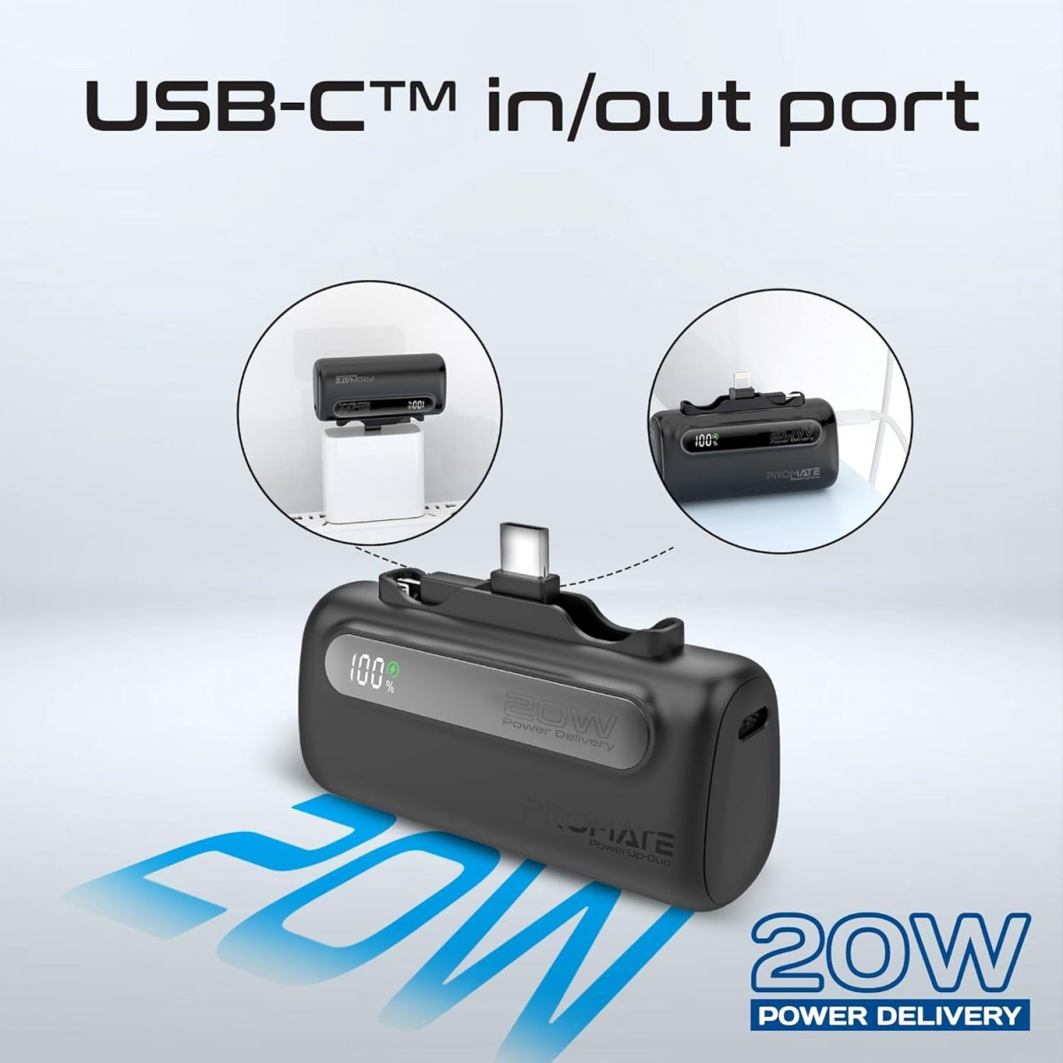 ⁦Promate Mini Power Bank, 5000mAh with 20W USB-C™ In/Out Foldable Connector, 12W Lightning Foldable Connector, LED Display, PowerUp-Duo (Black)⁩ - الصورة ⁦5⁩