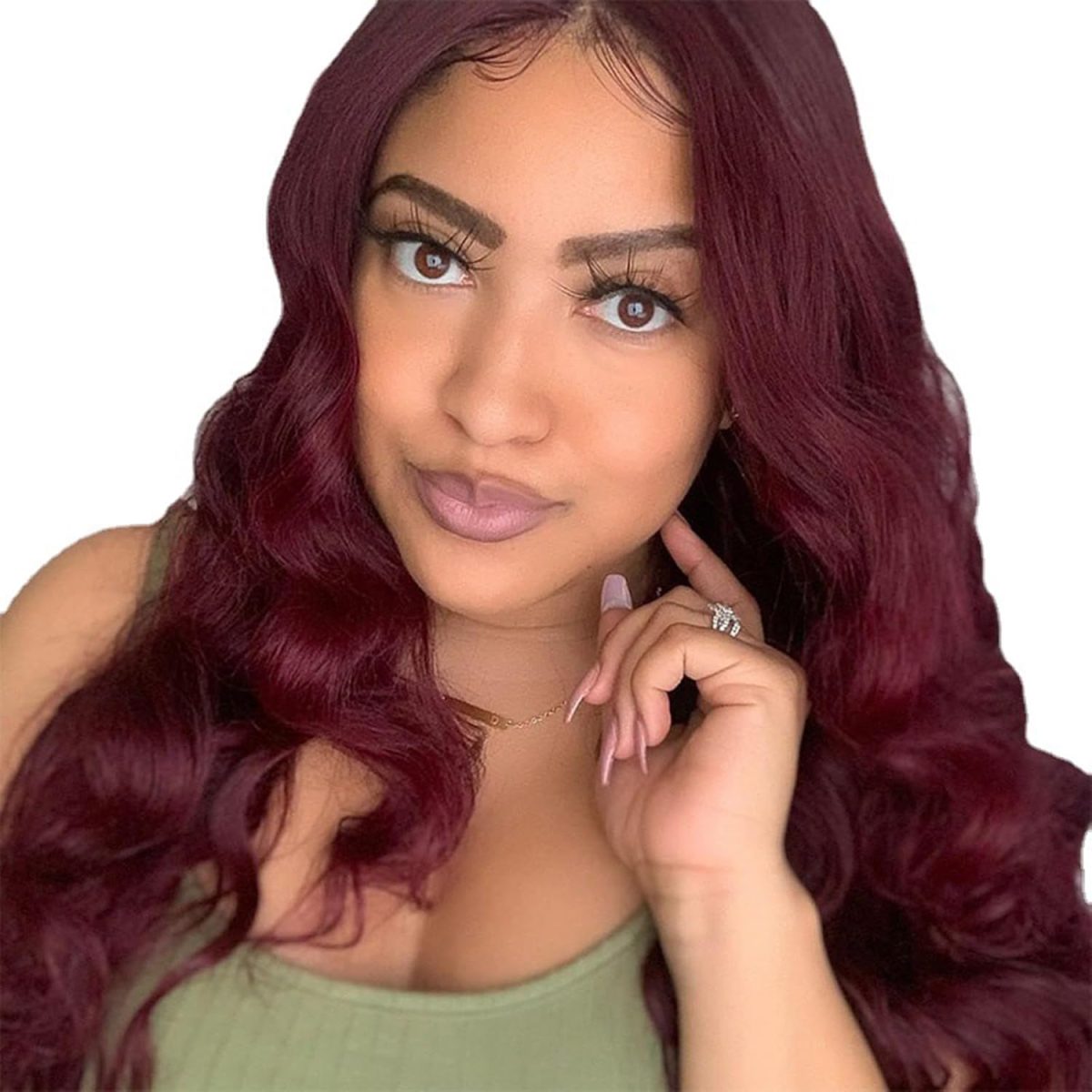 ⁦Long Wavy Wig, Wine Red Burgundy, 68 cm Length, Middle Part Lace Front, Heat Resistant Synthetic Hair⁩ - الصورة ⁦5⁩