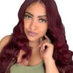 ⁦Long Wavy Wig, Wine Red Burgundy, 68 cm Length, Middle Part Lace Front, Heat Resistant Synthetic Hair⁩ - الصورة ⁦5⁩