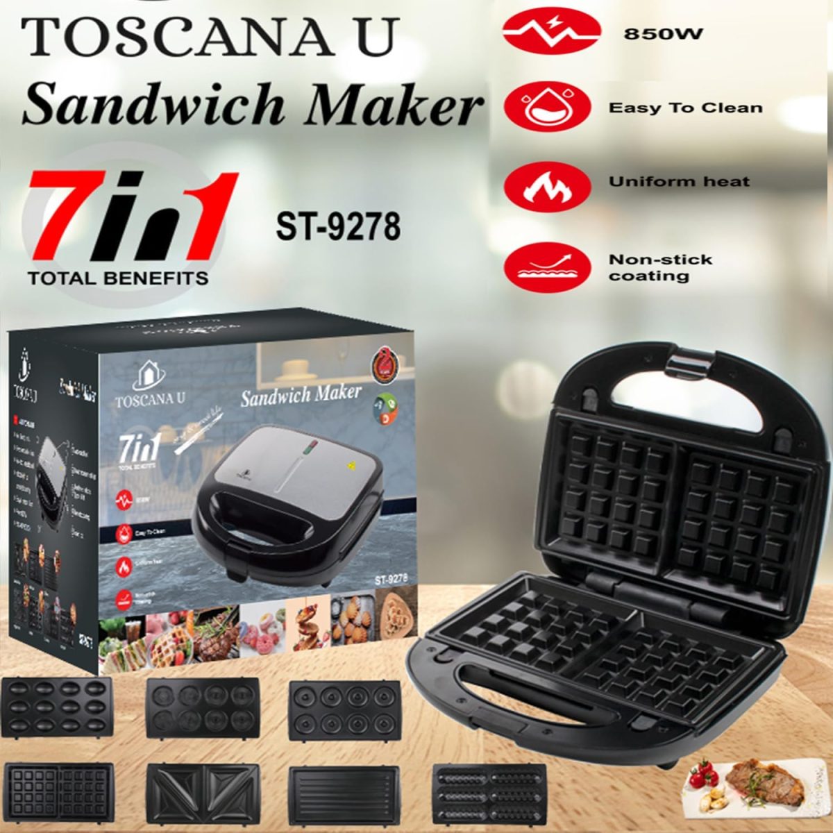 ⁦Sandwich Maker, Waffle Maker, Kurp Maker, Donut, Biscuit, Sandwich, Walnut Maker 7 in 1 Multifunctional Non-Stick Removable LED Indicator Lights, Auto Heating 800W R.217⁩ - الصورة ⁦2⁩