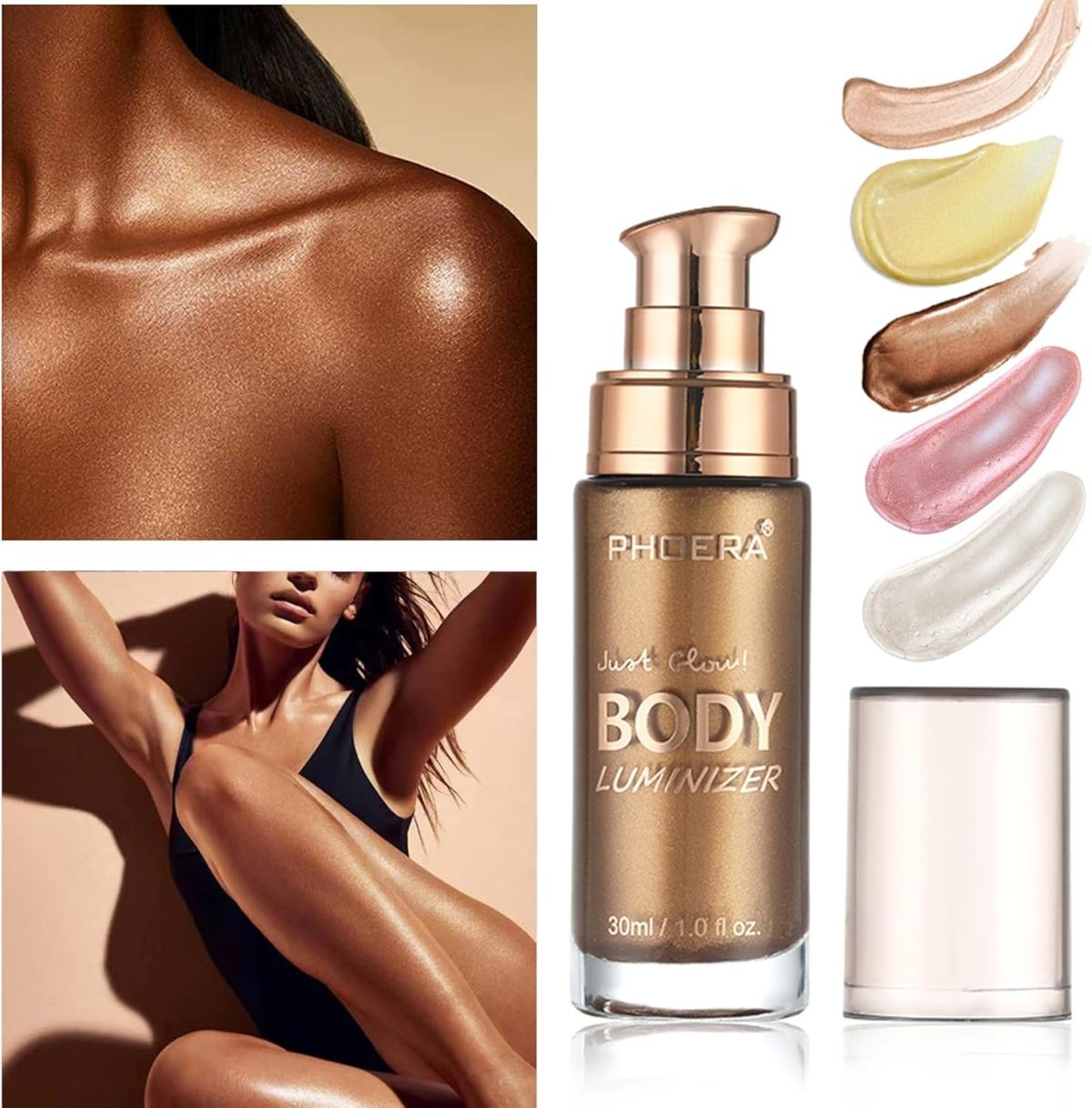 ⁦Lezero Body Shimmer Oil, Waterproof Long Lasting Moisturizing Body Luminizer Glow For Face, Liquid Illuminator Highlighter 1oz/Jars, Makeup Brush Include (Glistening Bronze #03)⁩ - الصورة ⁦2⁩