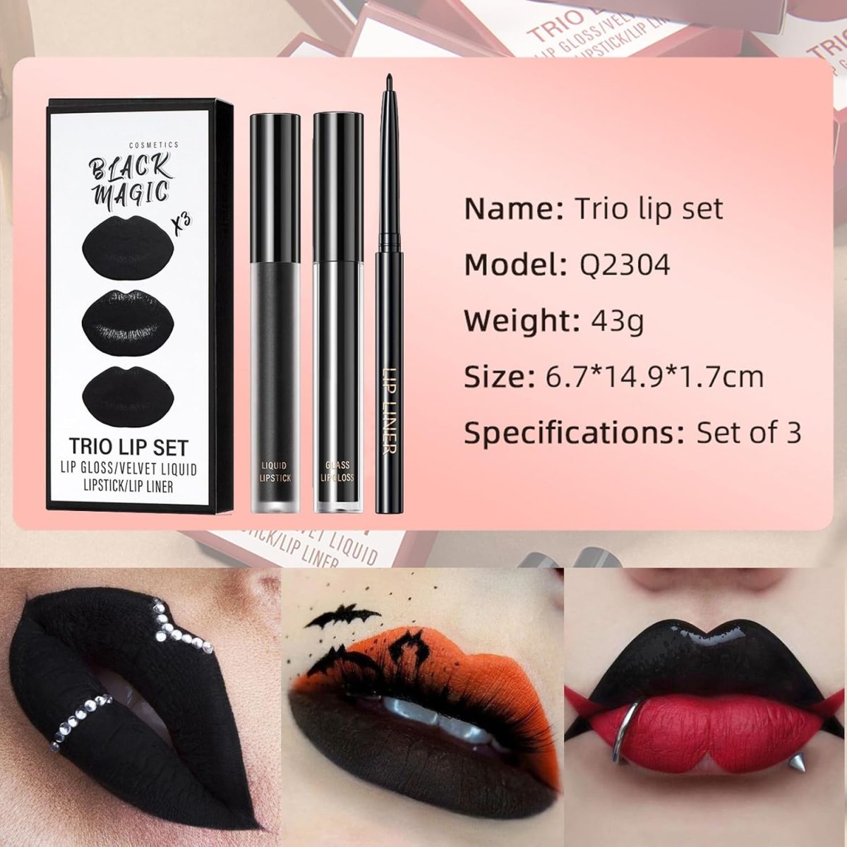 ⁦Black Lip Liner Lipstick Lip Gloss Set, 3Pcs Black Matte Liquid Lipstick Lip Stain, Long-Lasting Highly Pigmented Waterproof Lipgloss for Lips Makeup Kits Party, Halloween, Gothic Makeup⁩ - الصورة ⁦7⁩