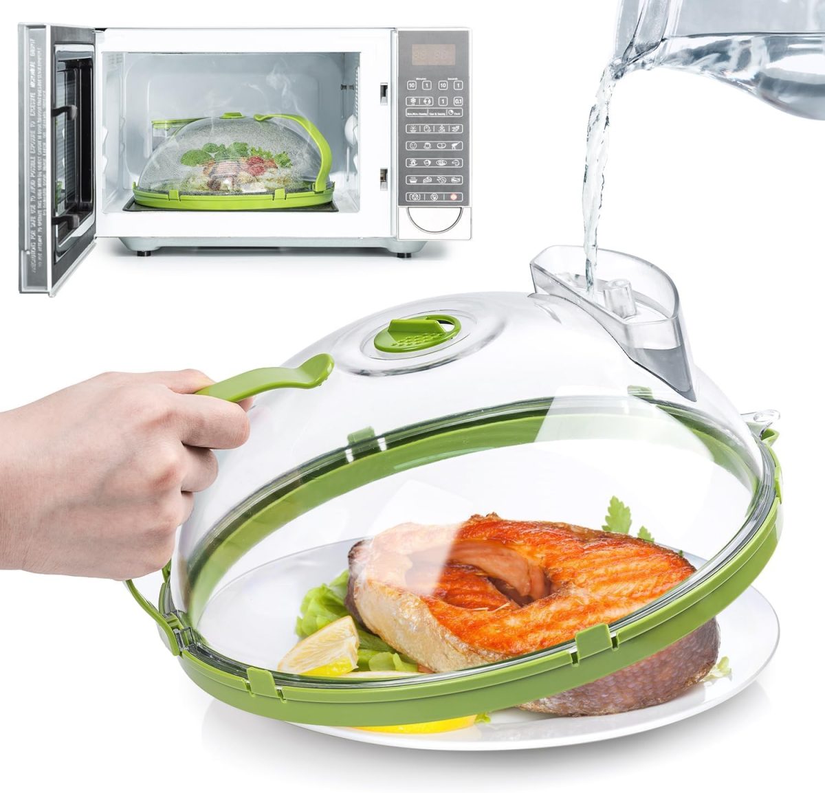LBMT Microwave Cover for Food, Clear Microwave Splatter Cover with Water Steamer and Handle, 10 Inch Plate Covers, Kitchen Gadgets and Accessories