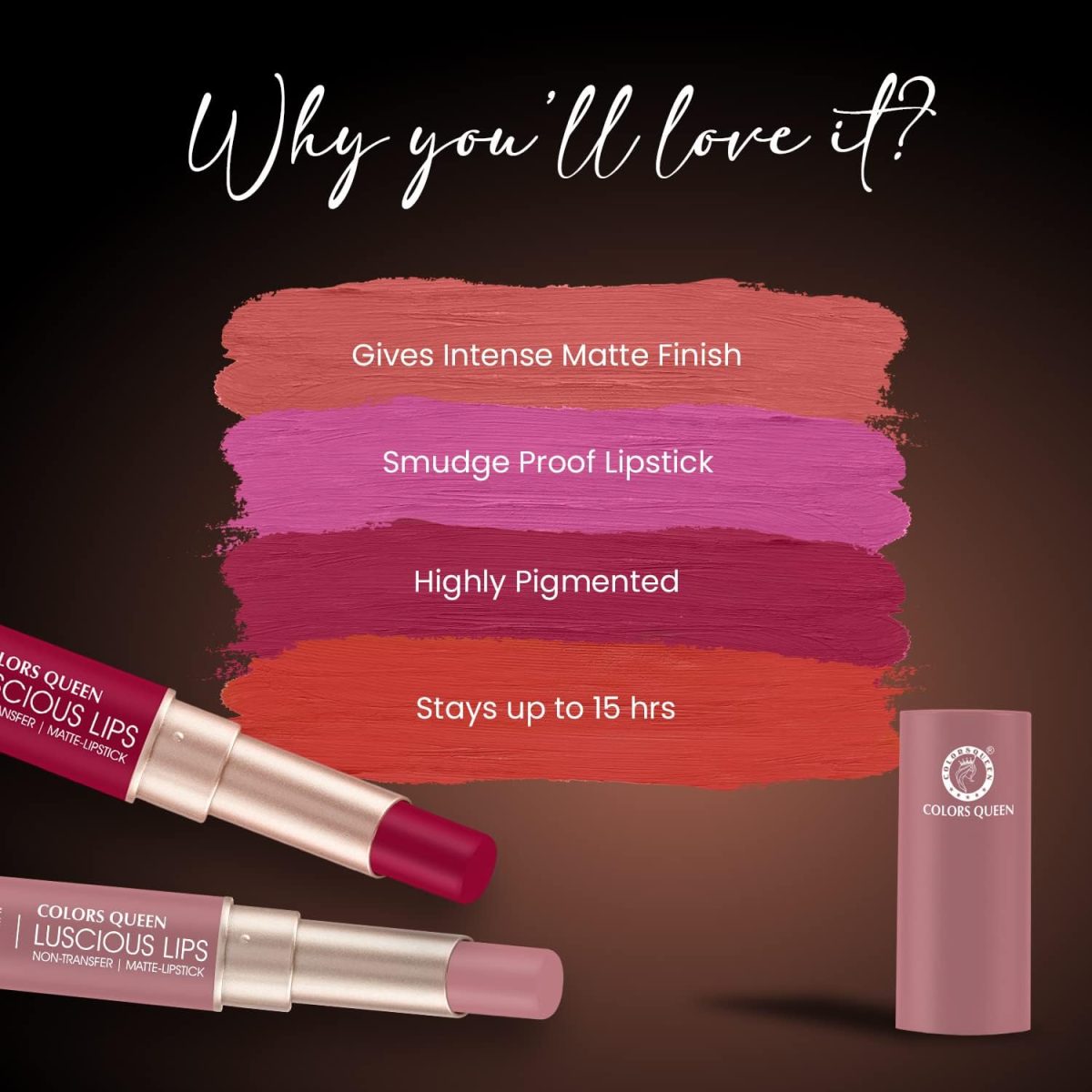 ⁦Colors Queen Luscious Lips - Non Transfer Creamy Matte Lipstick | Highly Pigmented with Smooth Application | Long Lasting Lipstick Waterproof | Smudge Proof Lipstick for Women (03 - Rosy Sunday - 3.5g⁩ - الصورة ⁦6⁩