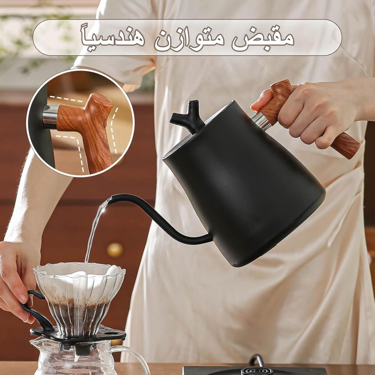⁦DELARLOCHEF Smart V60 Electric Gooseneck Kettle, 40-100℃ Adjustable Temp Control, 36Hour Heat Retention, 304 Stainless Steel, 1000W Fast Boil 1L, Anti-Dry, 50 Coffee Filters Gift, Black Wood Handle⁩ - الصورة ⁦2⁩