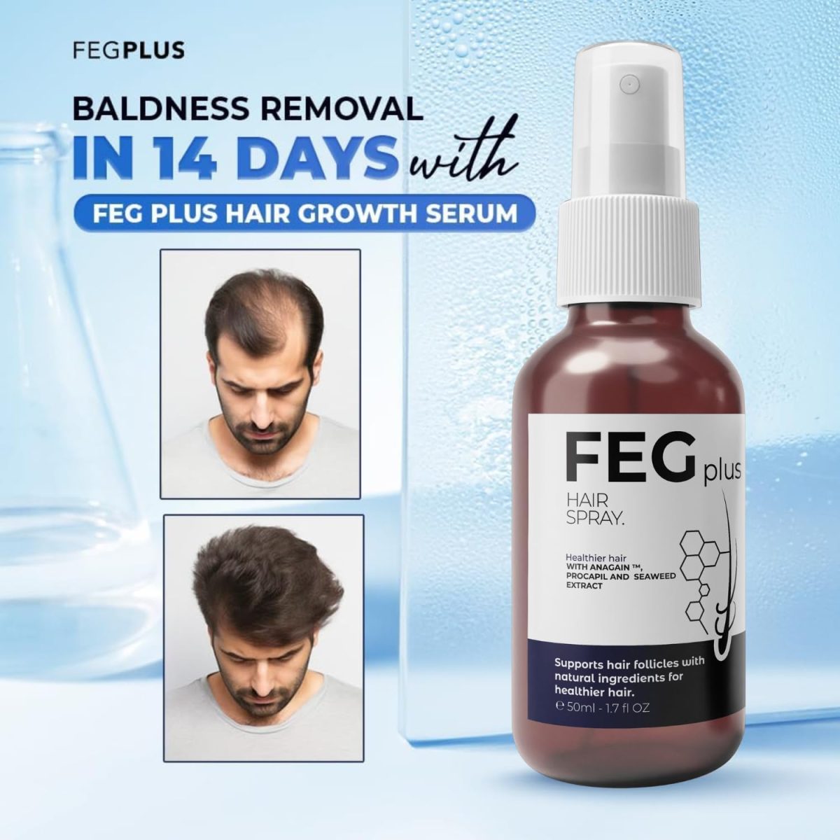 ⁦FEGPLUS Hair & Beard Growth Serum, 22% Seaweed Extract Rosemary, Redensyl, Anagain & Minoxidil 5% for Hair Growth Booster, Thicker, Longer and Stronger Hair Spray 50ml⁩ - الصورة ⁦5⁩
