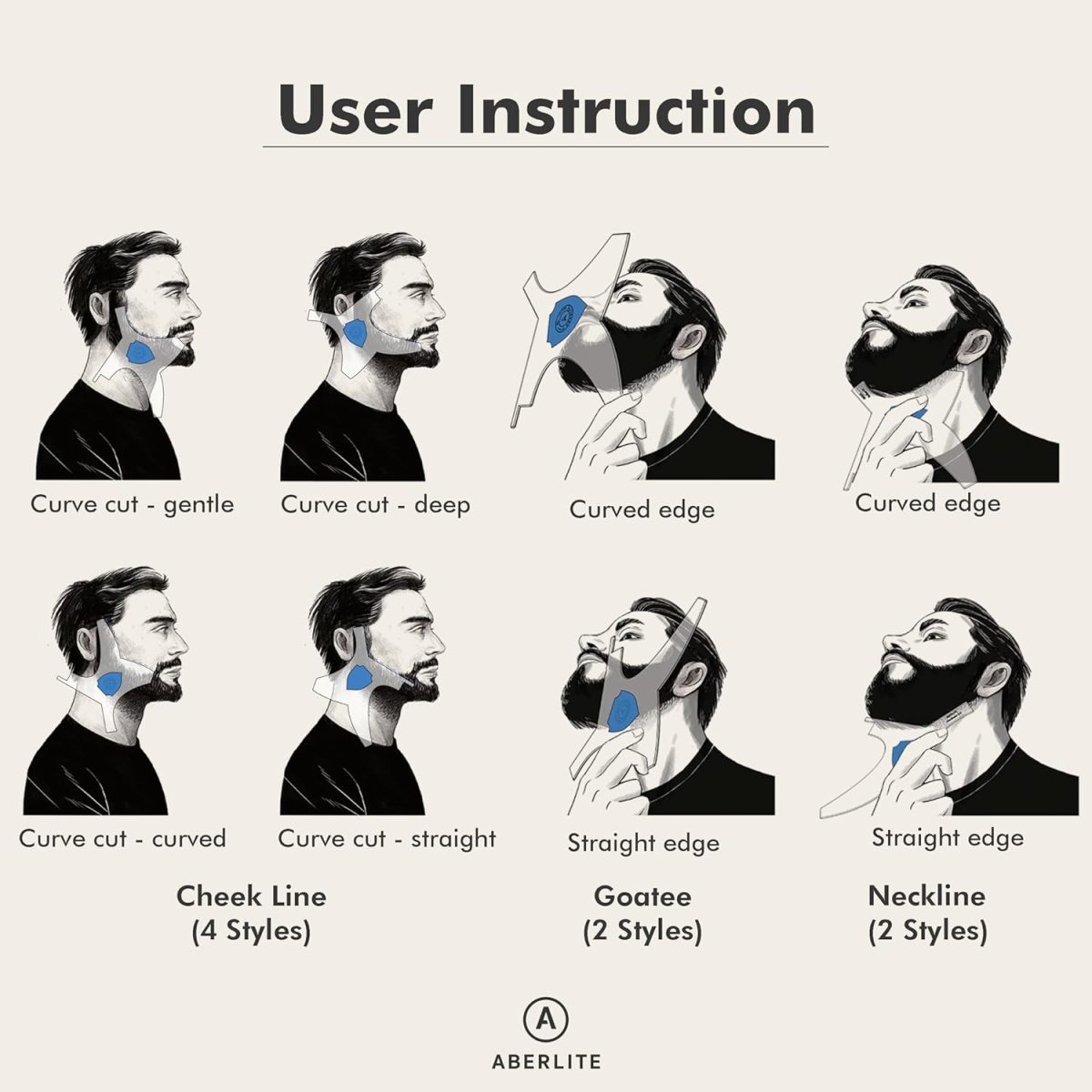 ⁦Aberlite Beard Shaper - Beard Lineup Tool W/Barber Pencil (White) - 100% Clear | Many Styles | Long Edges | Anti-Slip - The Ultimate Beard Shaping Tool (Blue) - Beard Stencil Guide - Works w/Trimmer⁩ - الصورة ⁦3⁩